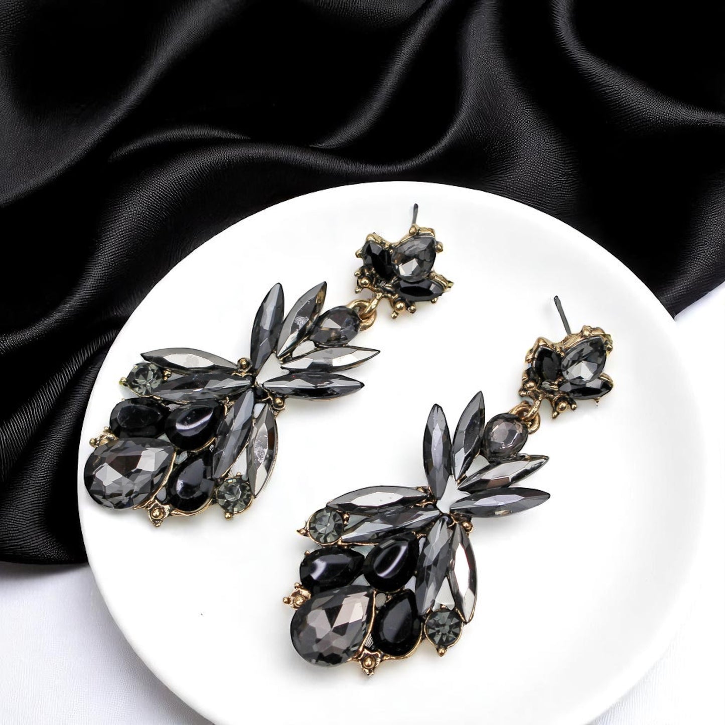 Elegant Black and Gray Dangle Rhinestone Earrings