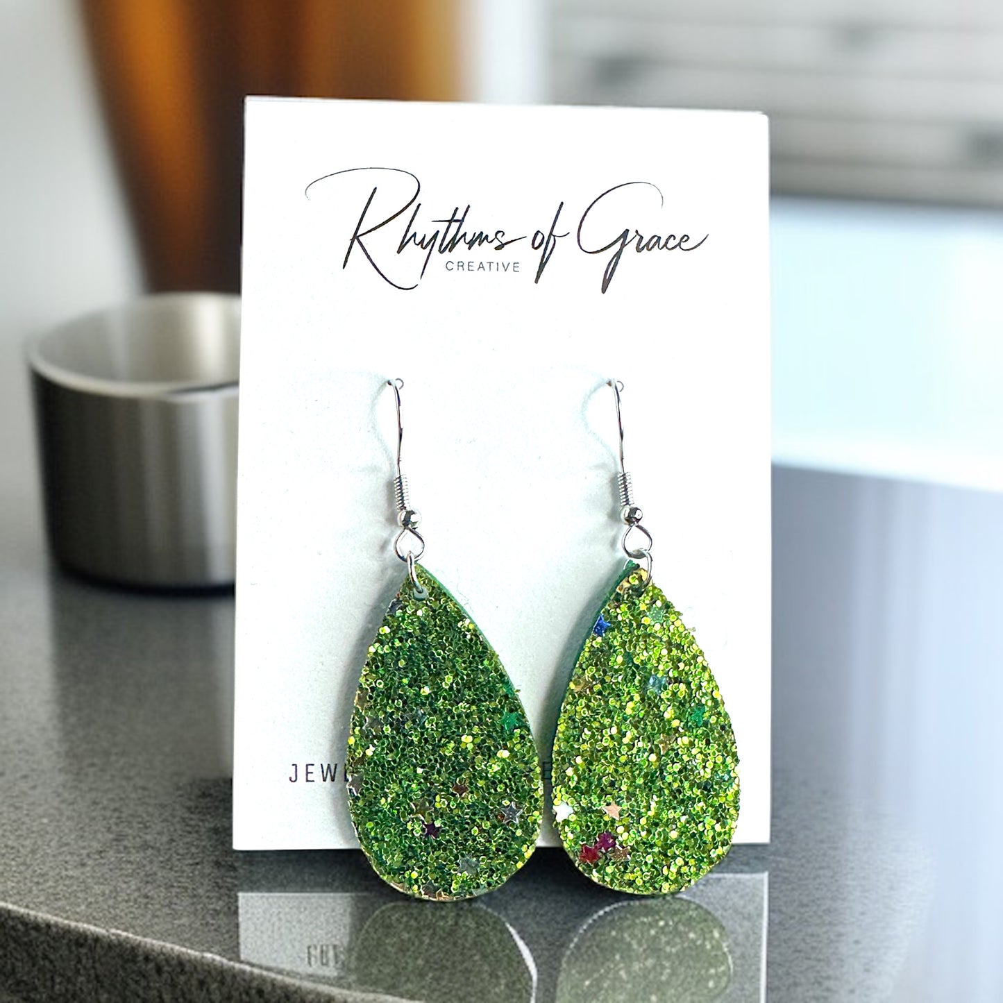 Sparkle & Shine: Green Glitter Teardrop Dangle Earrings ✨