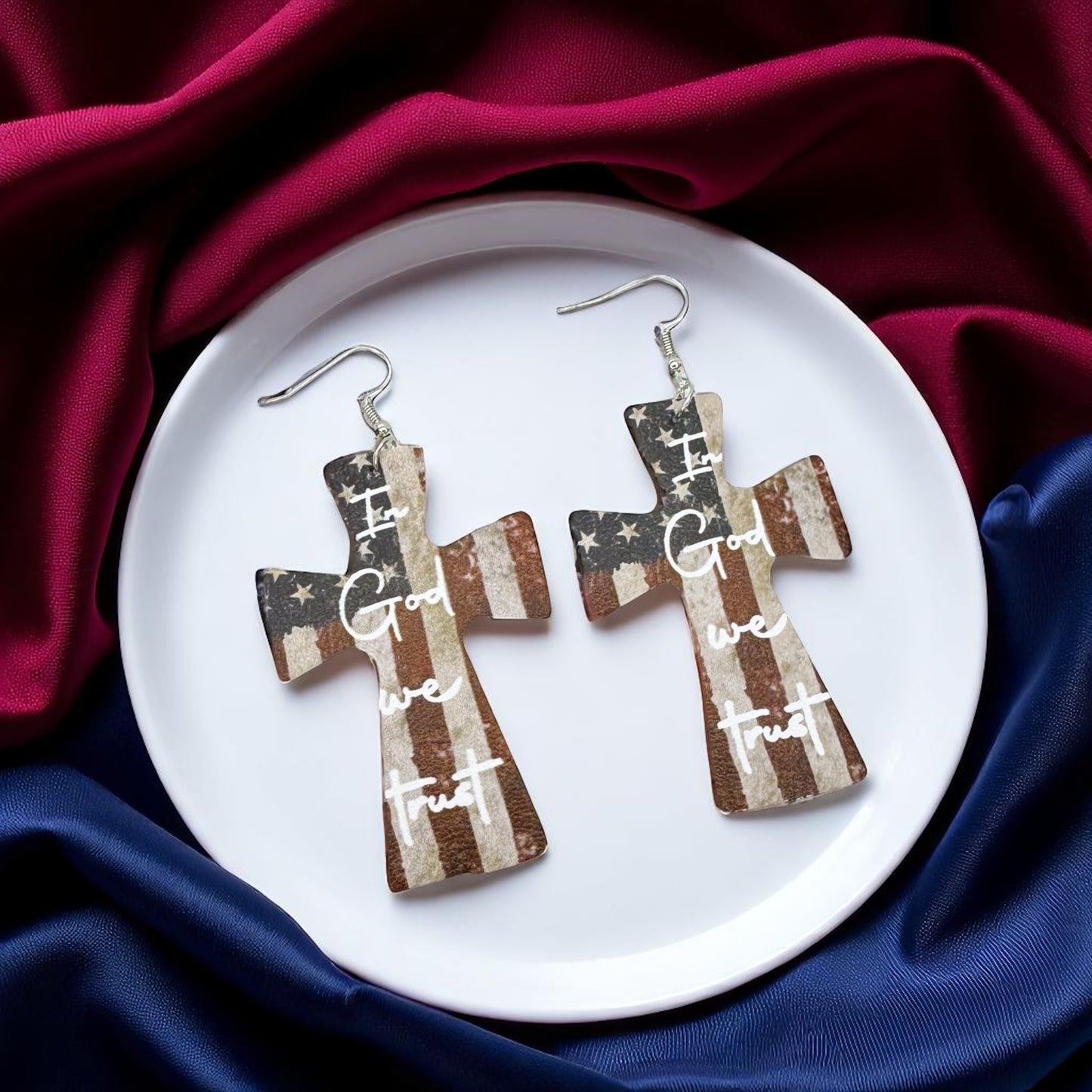 Patriotic "In God We Trust" American Flag Cross Earrings - Unique Faith Design