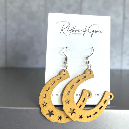 Saddle Up in Style with Our Wooden Horseshoe Dangle Earrings!