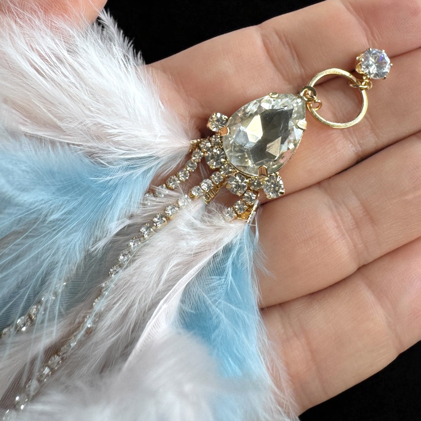 Dreamy Pink & Blue Feather Earrings – Rhinestone Dangles for Boho Queens