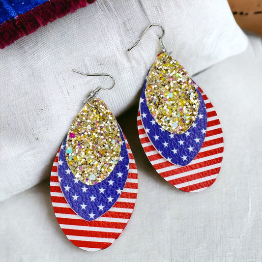 Patriotic Glamour: Red, White & Blue with Gold Glitter Dangle Earrings