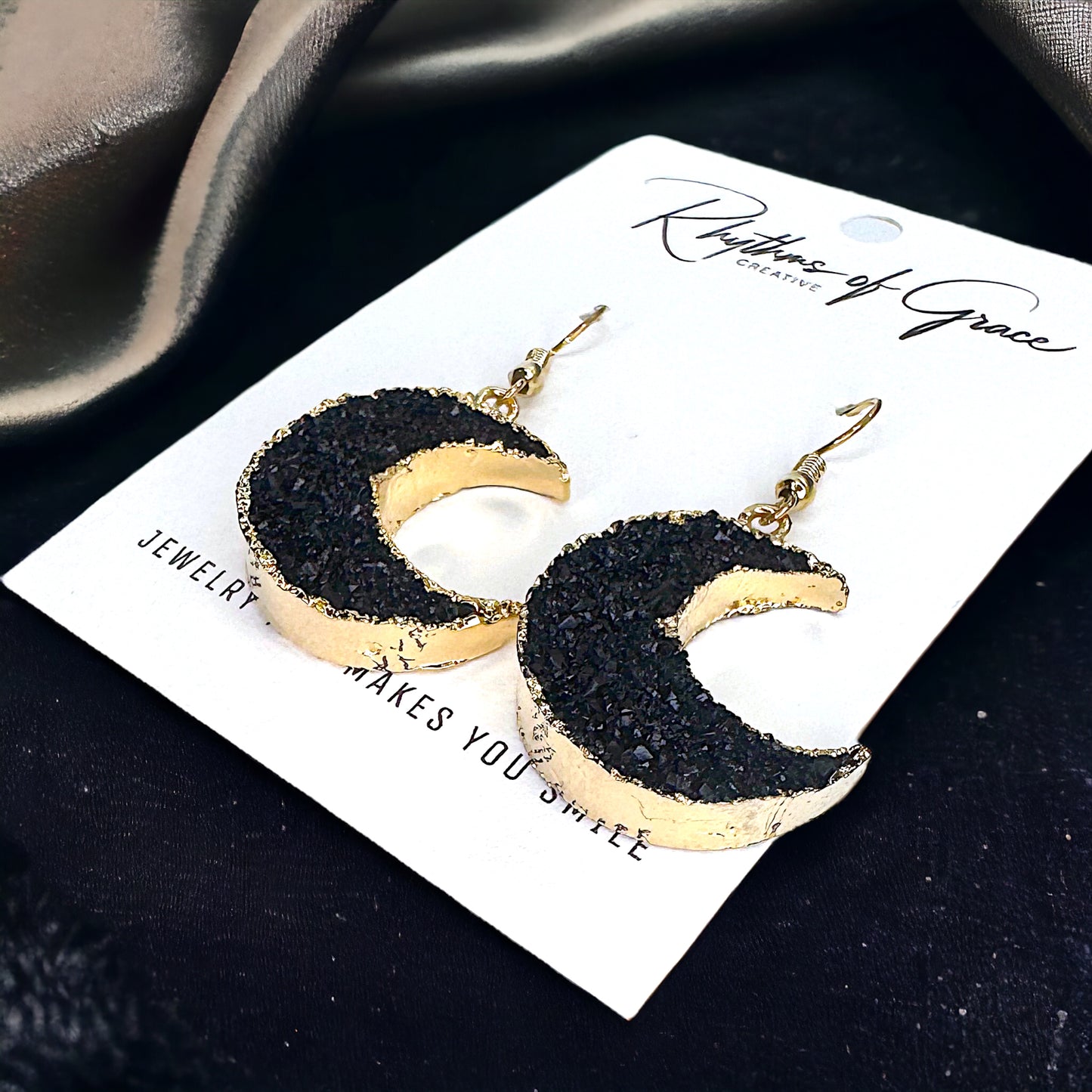 Shimmering Nights: Black Stone Earrings with Golden Glam!