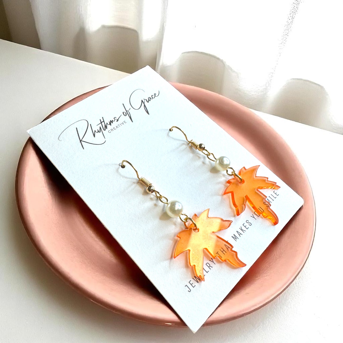 Autumn Enchantment Earrings: Handmade Maple Leaf Drops with Faux Pearls! - Rhythms of Grace Creative