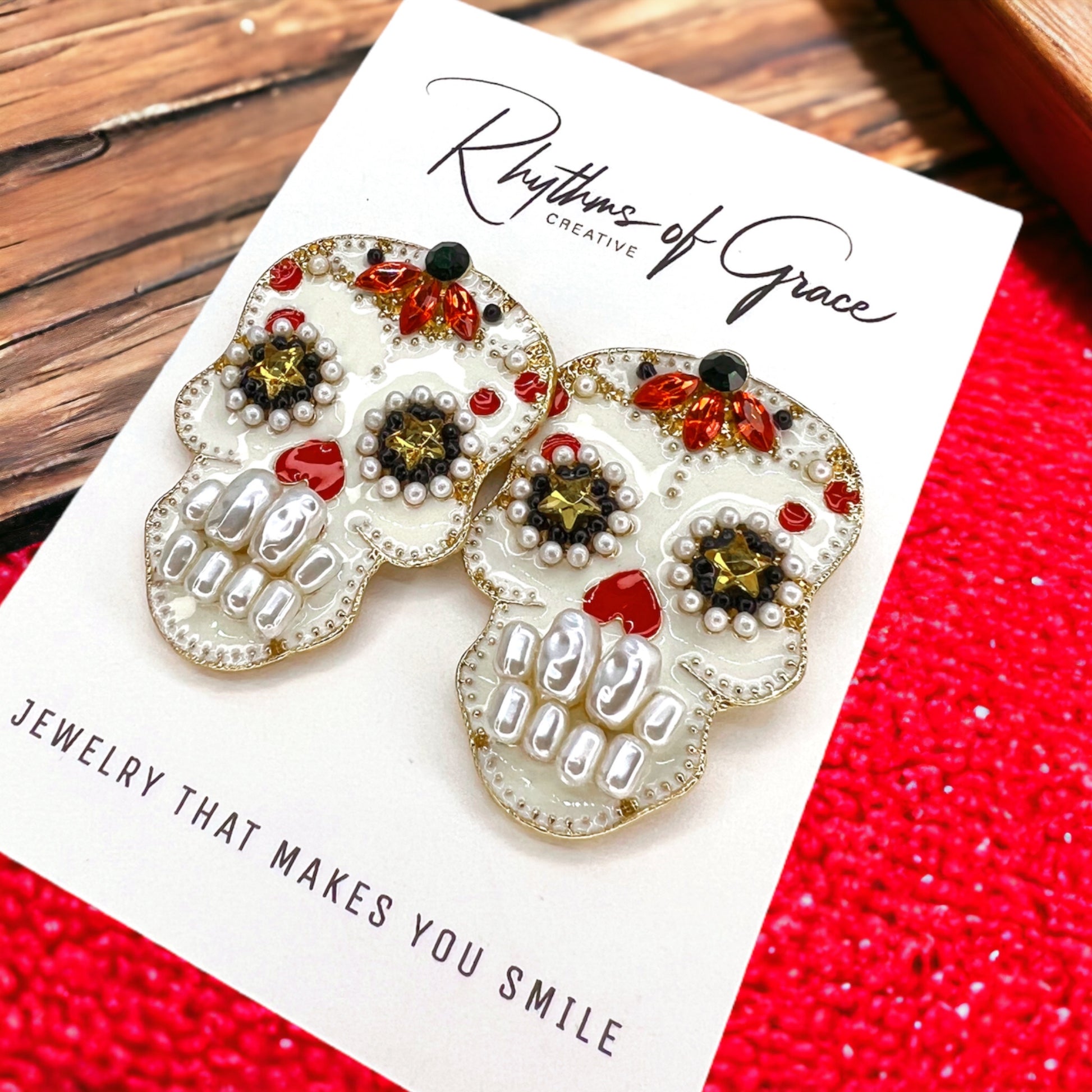 Sugar Skull Earrings - Halloween Earrings, Rhinestone Skull, Halloween Teacher, Jeweled Halloween, Skeleton Earrings - Rhythms of Grace Creative