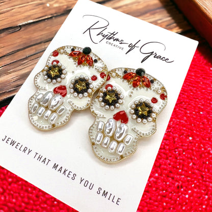 Sugar Skull Earrings - Halloween Earrings, Rhinestone Skull, Halloween Teacher, Jeweled Halloween, Skeleton Earrings - Rhythms of Grace Creative