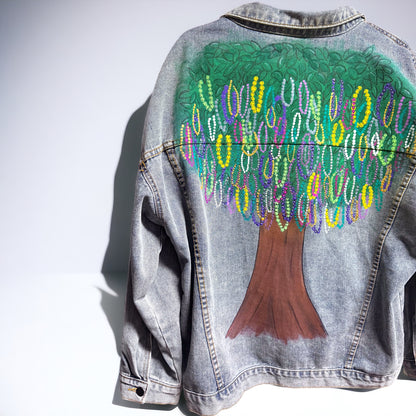 Hand Painted Jean Jacket: “Mardi Gras Bead Tree”
