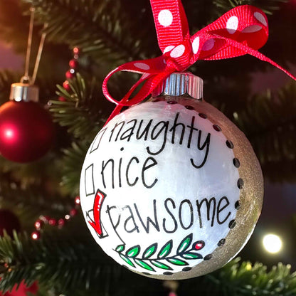 Fetch the Festivities: Nice? Naughty? PAWSOME! Dog Lover Ornament!