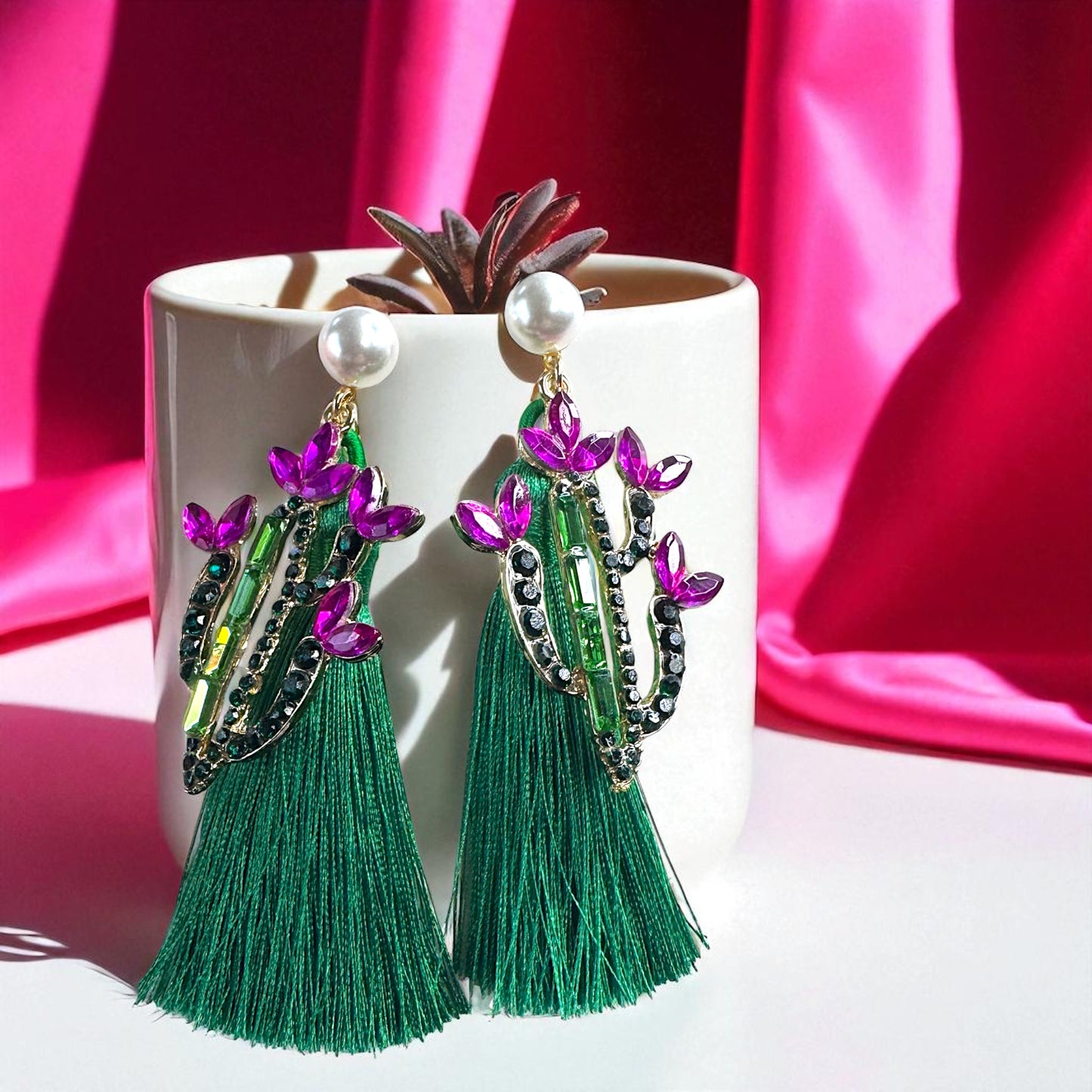 Sparkle in the Desert – Rhinestone Cactus Tassel Earrings 🌵
