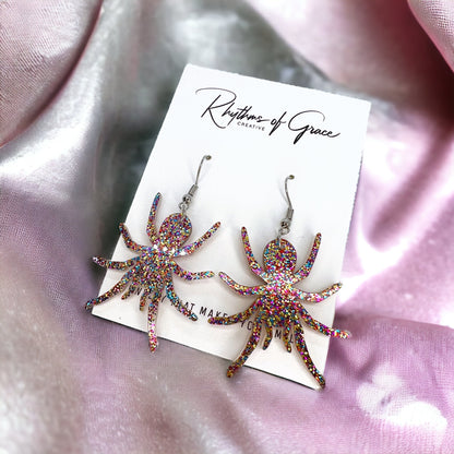Pink Glitter Spider Earrings - Halloween Earrings, Halloween Accessories , Spoder Accessories, Halloween Costume, Halloween Teacher - Rhythms of Grace Creative