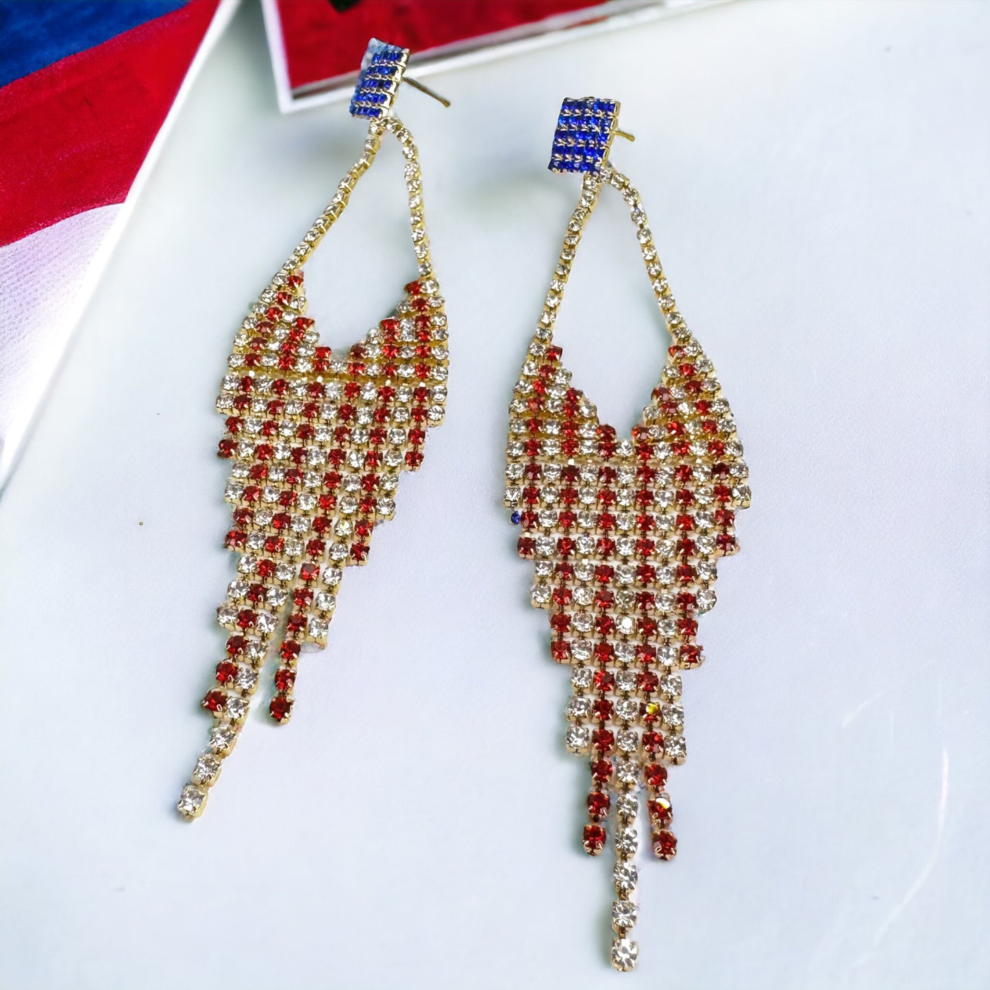 Sparkling Red White & Blue Rhinestone Dangle Earrings - Patriotic Glamour