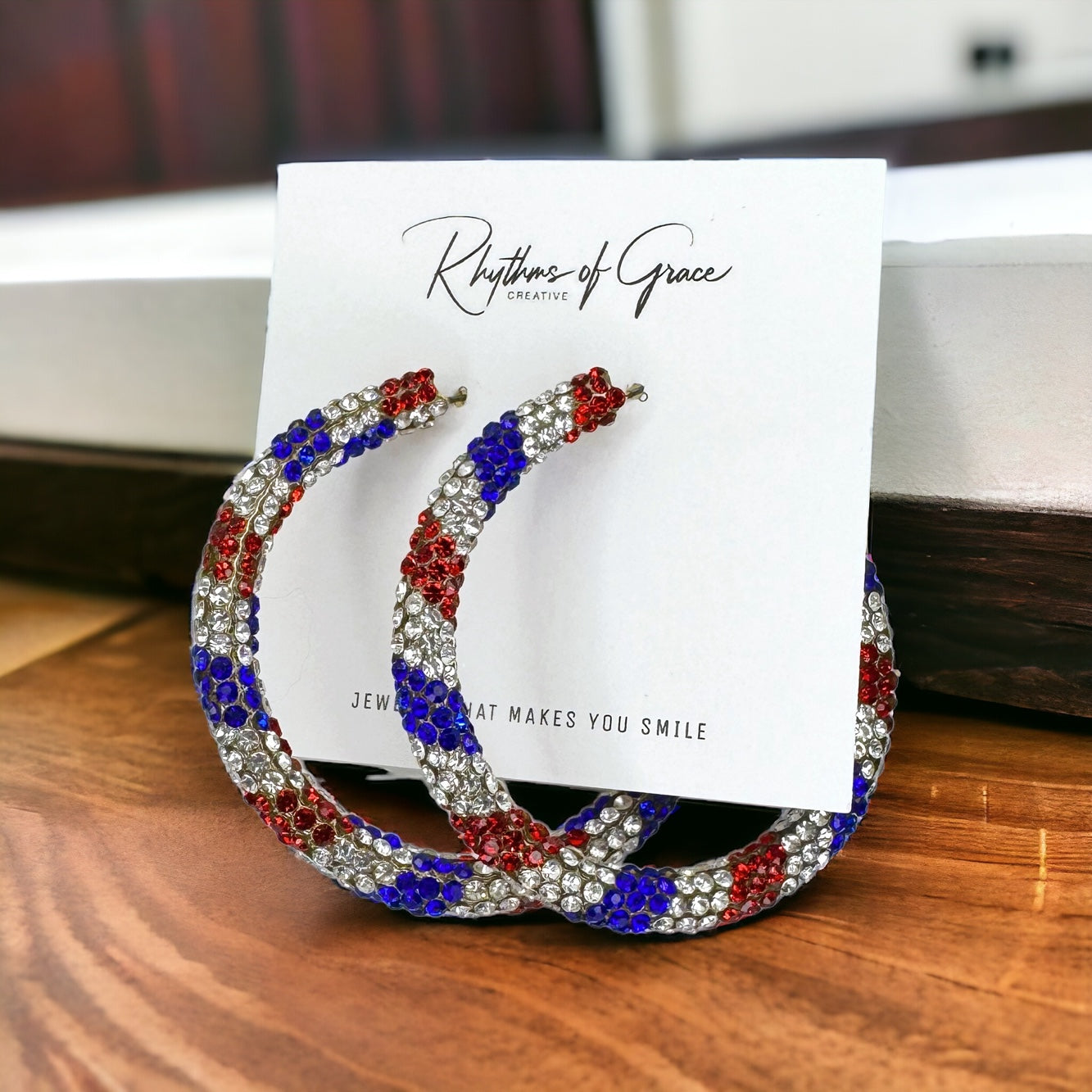 Sparkling Rhinestone Patriotic Hoop Earrings - Red, White, & Blue