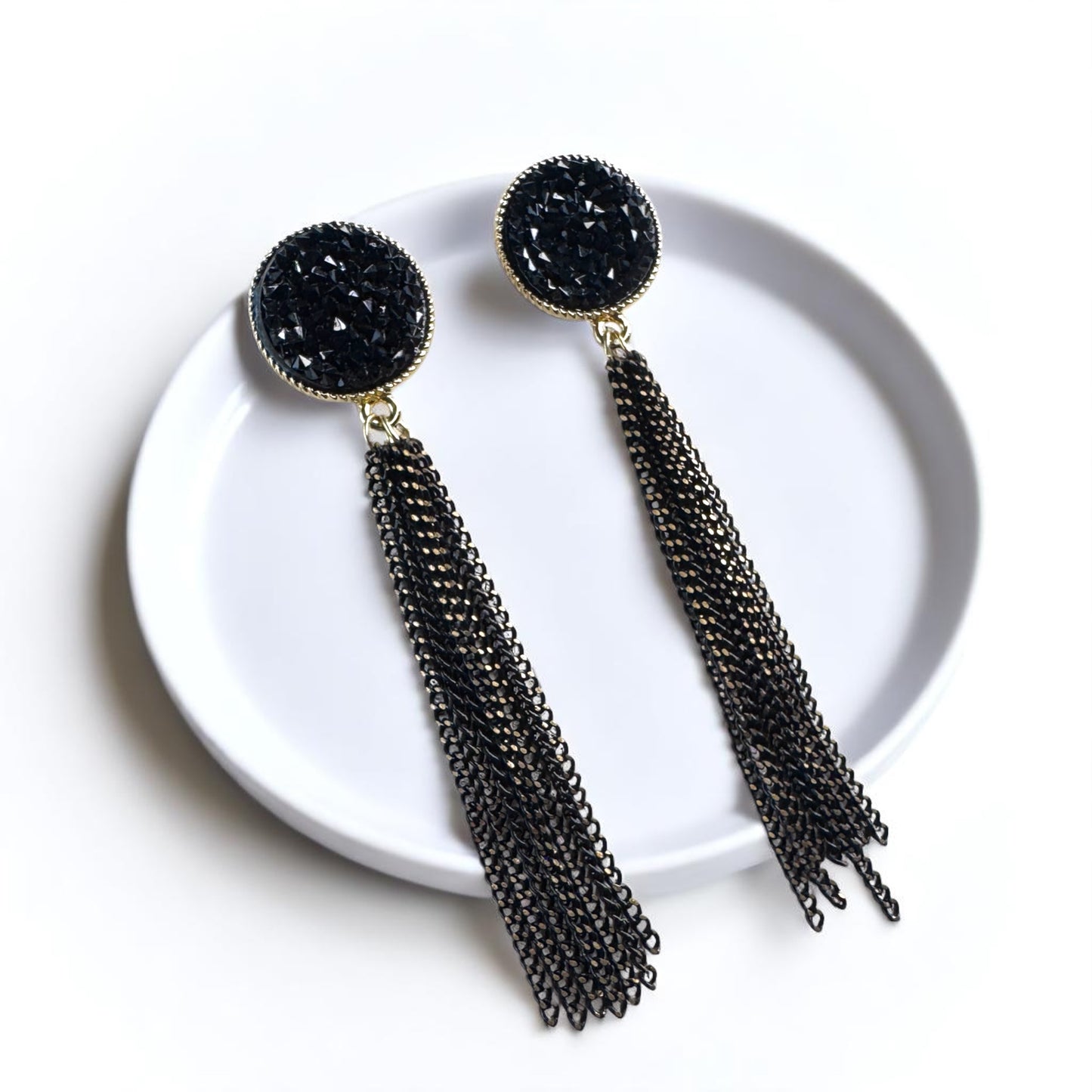 Glamorous Black & Gold Druzy Dangle Earrings - Sparkle & Shine! 🌟