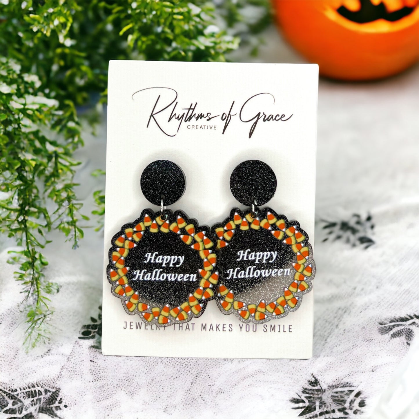 Happy Halloween Earrings - Halloween Earrings, Candy Corn, Halloween Teacher, Black and Orange - Rhythms of Grace Creative