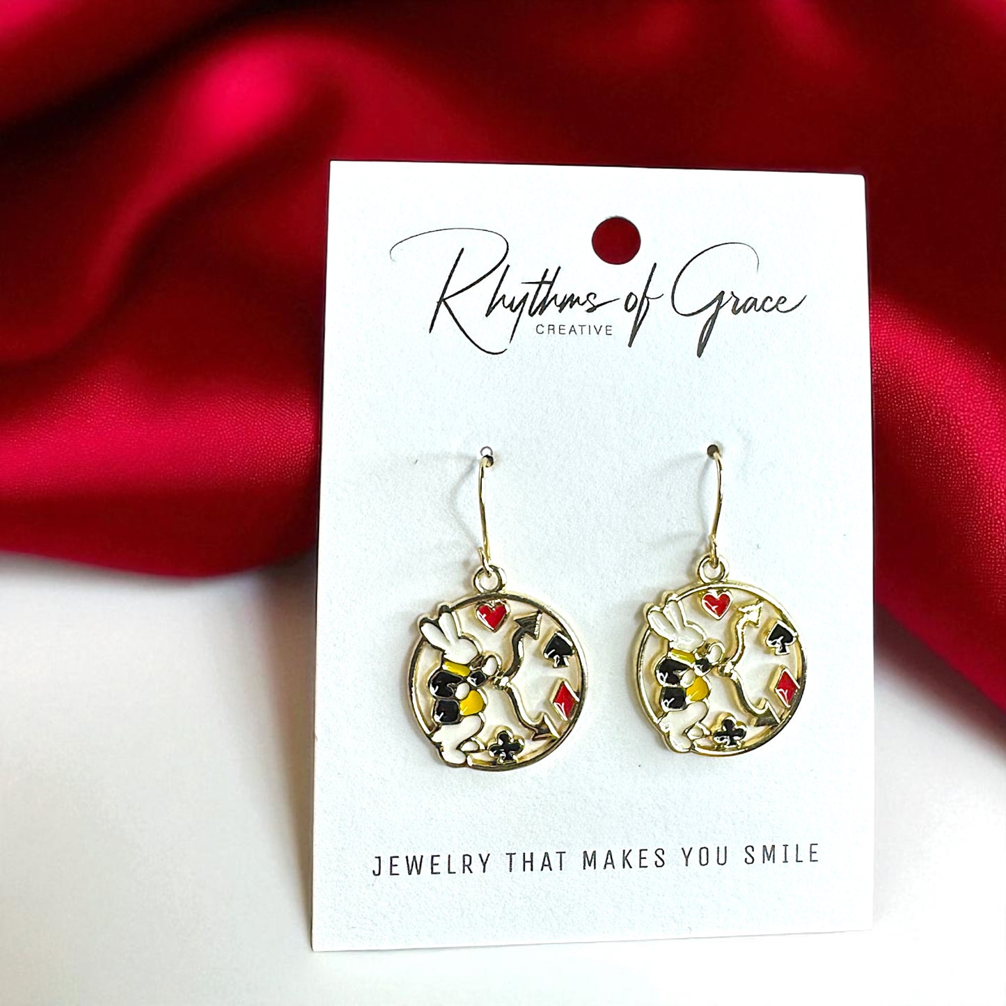 Dive into Wonderland: Enchanting Mismatched Alice Earrings with White Rabbit & Clock Charm!