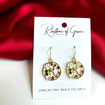 Dive into Wonderland: Enchanting Mismatched Alice Earrings with White Rabbit & Clock Charm!