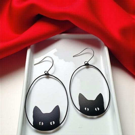 Oversized Black Metal Cat Dangle Earrings - Embrace Your Inner Feline!