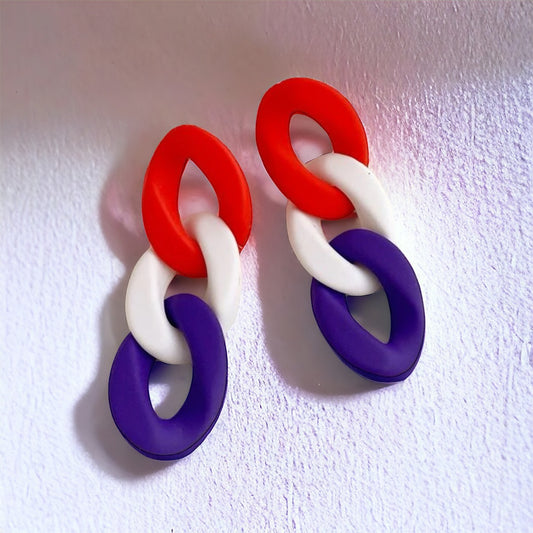 Vibrant Red, White, and Blue Chain Dangle Earrings - Statement Jewelry