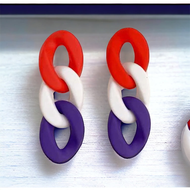 Vibrant Red, White, and Blue Chain Dangle Earrings - Statement Jewelry