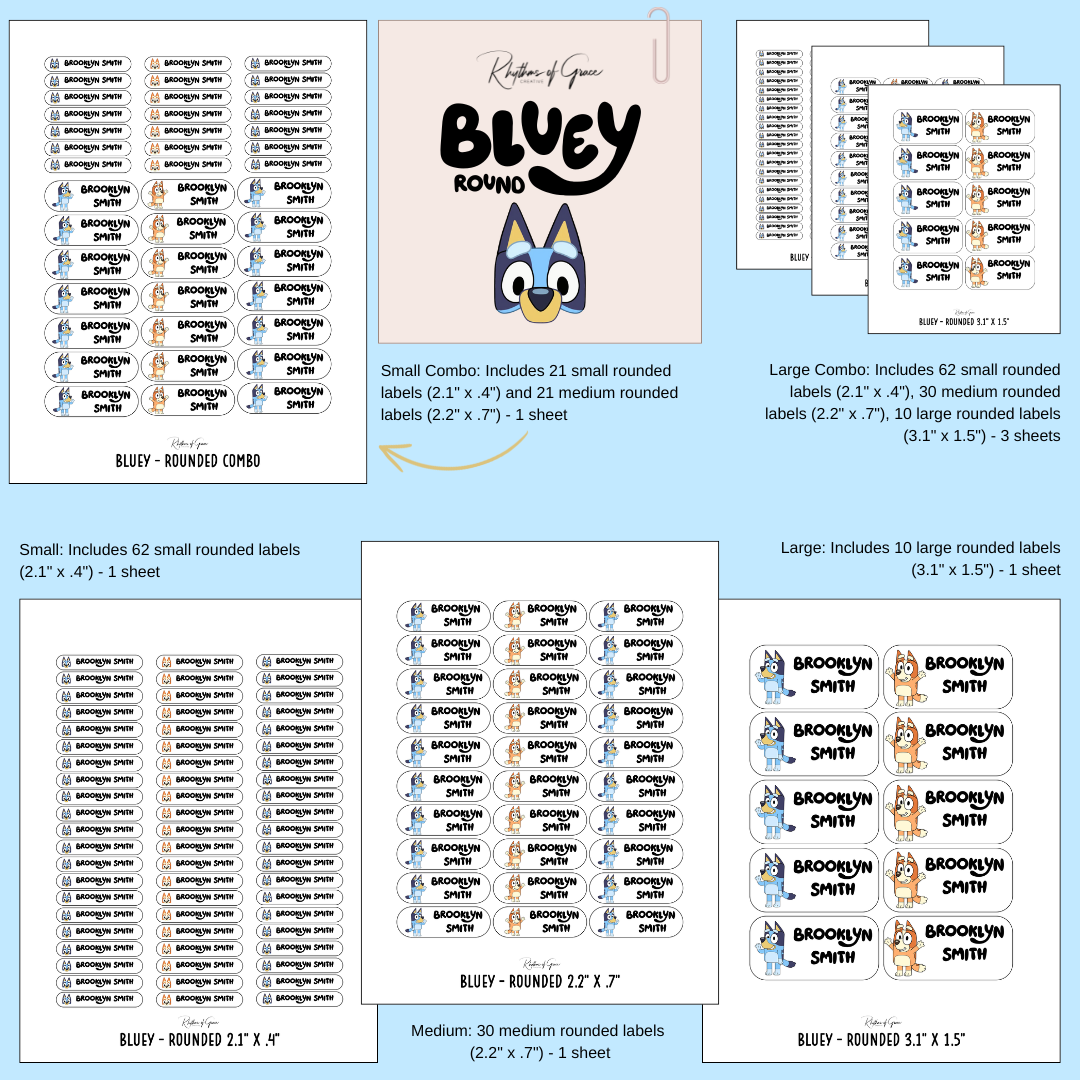 Collection of 'Bluey' themed labels with different sizes and designs.