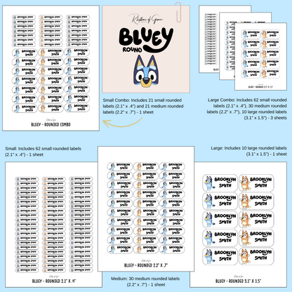Collection of 'Bluey' themed labels with different sizes and designs.