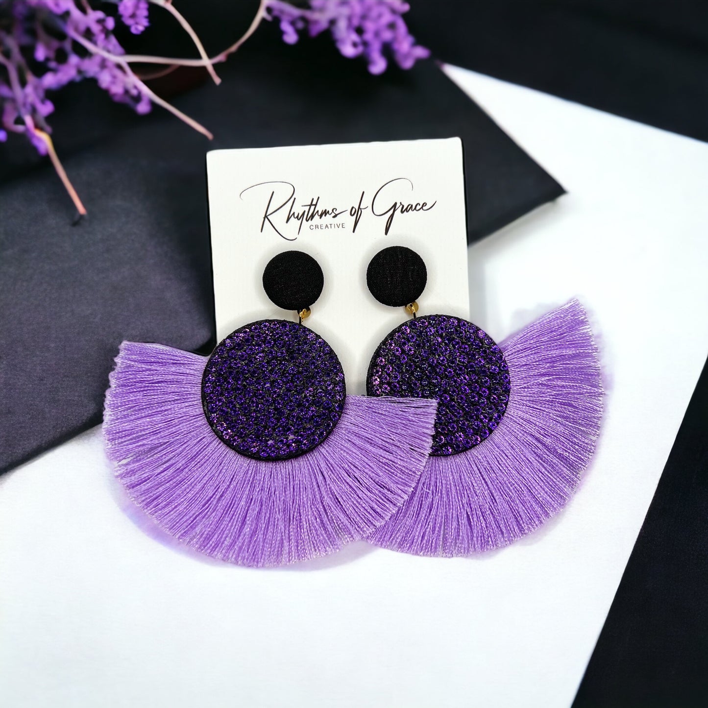 Purple Tassel Earrings - Purple Rhinestones, Rhinestone Accessories, Purple Earrings, Lavender Earrings; Purple Accessories - Rhythms of Grace Creative