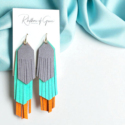 Tri-Colored Fringe Leather Dangle Earrings – Bold, Western & Totally WOW