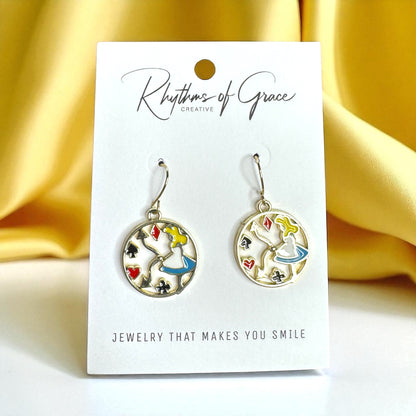Enchanting Alice in Wonderland Mismatched Dangle Earrings | Whimsical Style & Unique Charm