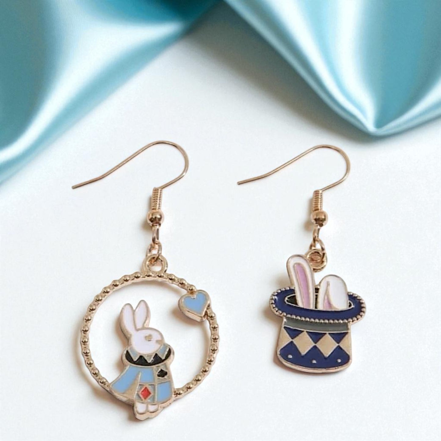 Magical Wonderland Earrings: White Rabbit & Clock Mismatch Dangles