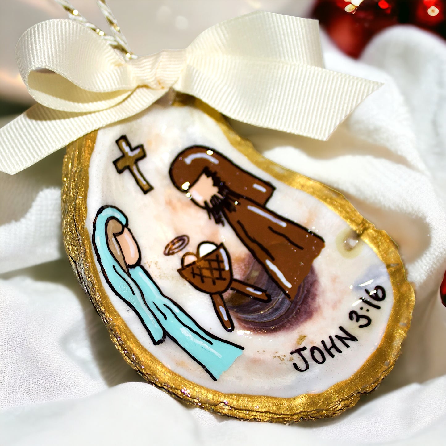 Hand-Painted Oyster Shell Christmas Ornament: "John 3:16"