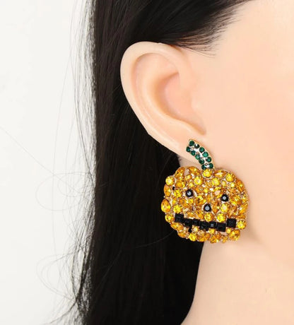 Sparkly Rhinestone Encrusted Jack-o’-Lantern Oversized Stud Earrings - Rhythms of Grace Creative