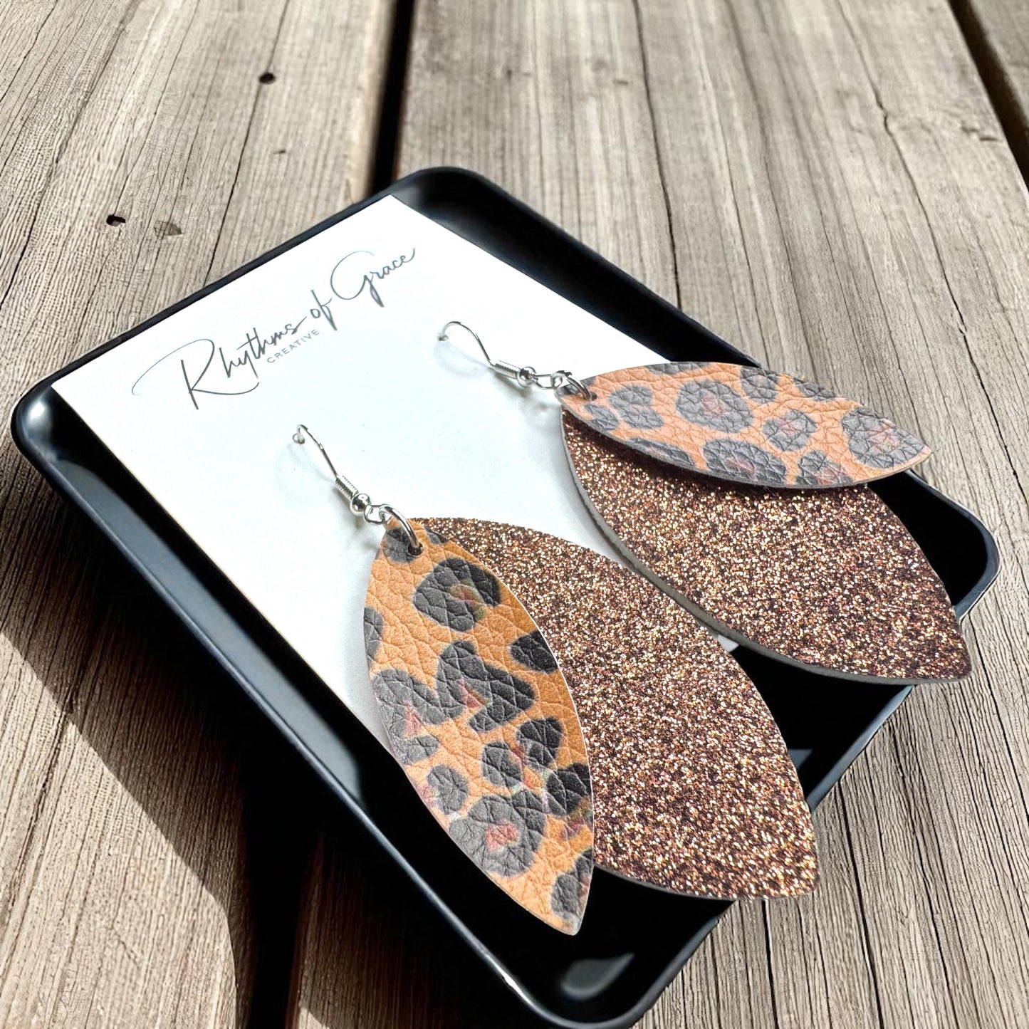 Wild & Glam – Brown Glitter + Animal Print Dangle Earrings