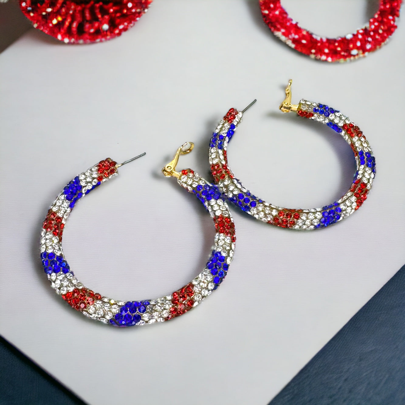 Sparkling Rhinestone Patriotic Hoop Earrings - Red, White, & Blue