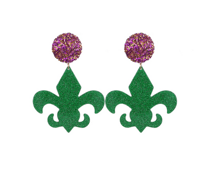 Mardi Gras Oversized Statement Earrings - Glitter Fleur-de-Lis Elegance - Rhythms of Grace Creative