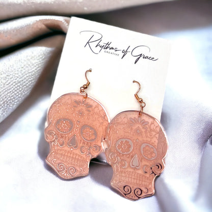 Metallic Skull Earrings - Halloween Earrings, Skeleton Earrings, Halloween Skull, Halloween Earrings, Sugar Skull, Trick or Treat - Rhythms of Grace Creative
