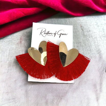 Heart on Fire – Gold & Red Fringe Statement Earrings - Rhythms of Grace Creative