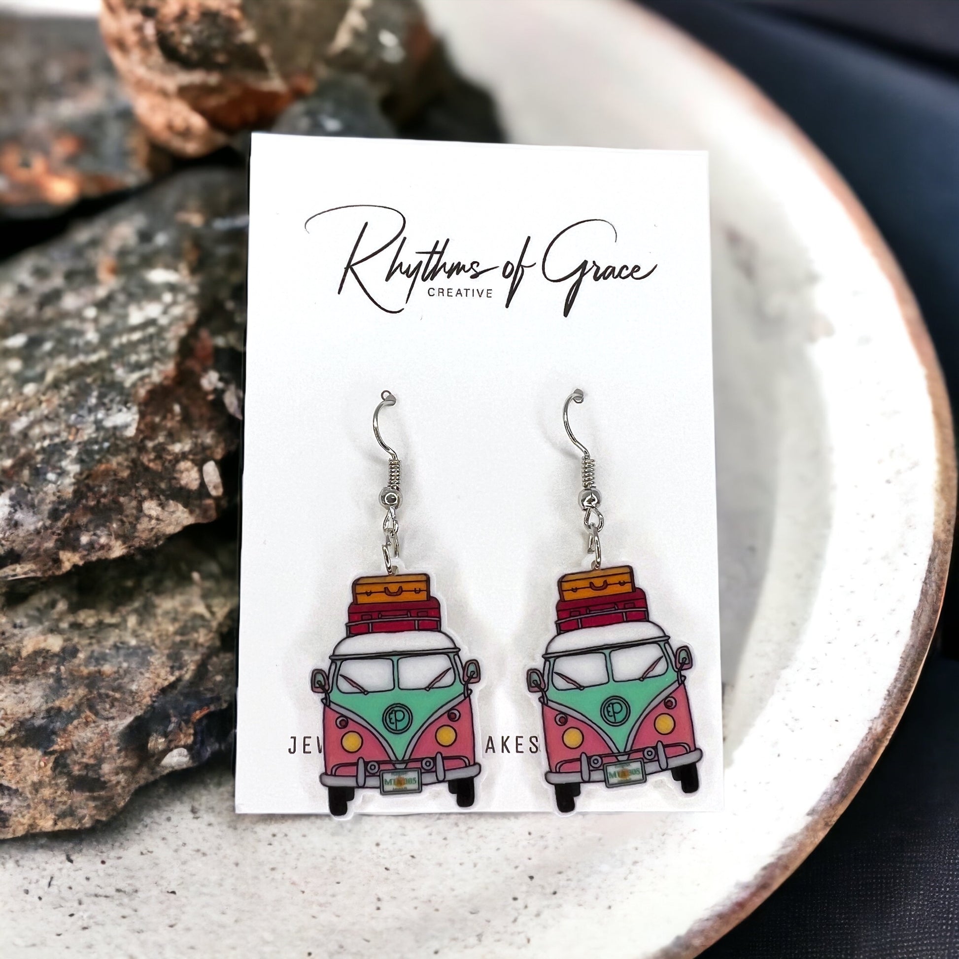 Hippie Van Earrings - Van Accessories, Roadtrip Earrings, Travel Accessories, Flower Power - Rhythms of Grace Creative