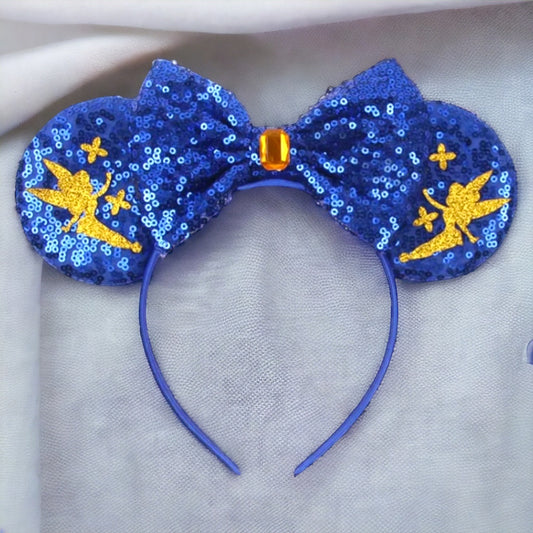 Brand New Tinkerbell Headband w/ Blue Sequin Bow & Gold Gemstone - Disney Inspired!