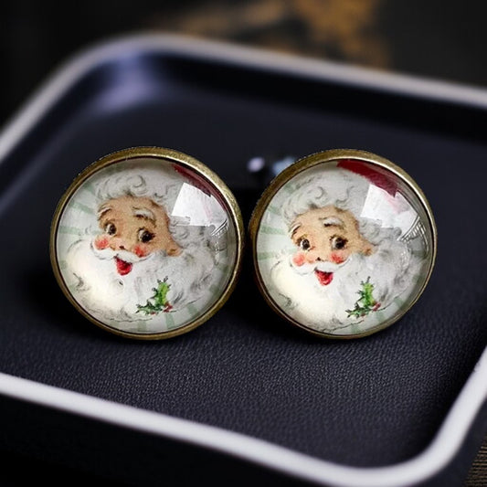 Vintage Santa Cabochon Stud Earrings – A Jolly Holiday Delight!