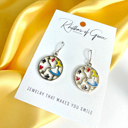 Enchanting Alice in Wonderland Mismatched Dangle Earrings | Whimsical Style & Unique Charm