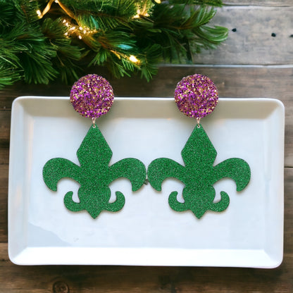 Mardi Gras Oversized Statement Earrings - Glitter Fleur-de-Lis Elegance - Rhythms of Grace Creative