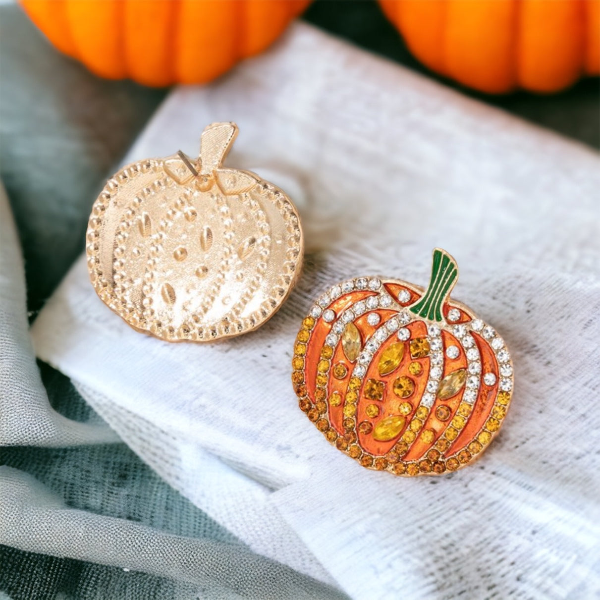 Rhinestone Pumpkin Earrings - Halloween Earrings, Autumn Accessories, Pumpkin Jewelry, Fall Accessories - Rhythms of Grace Creative