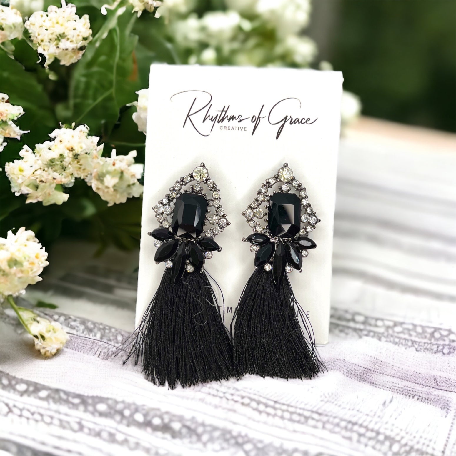 Black Fringe Earrings - Black Rhinestone Earrings, Black Earrings, Fringe Accessories - Rhythms of Grace Creative