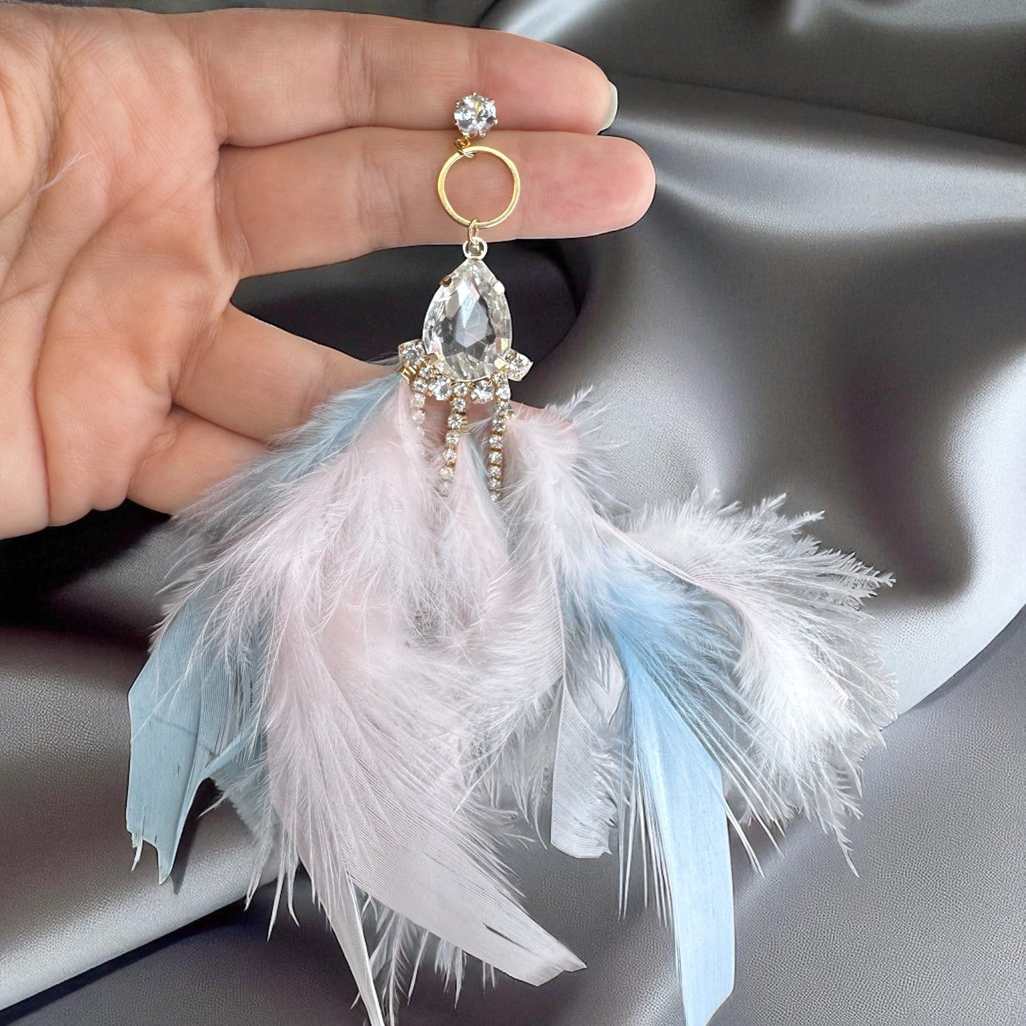 Dreamy Pink & Blue Feather Earrings – Rhinestone Dangles for Boho Queens