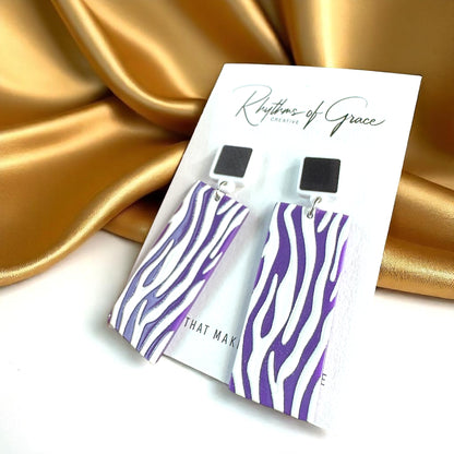 Show Your Stripes: Purple & White Tiger Stripe Dangle Earrings 🐯💜