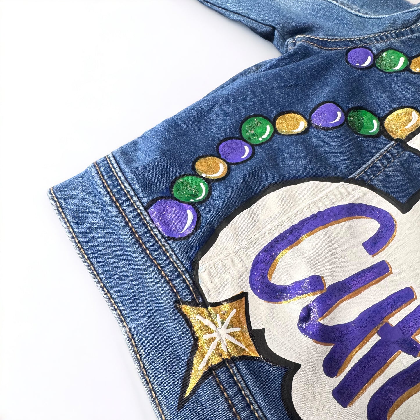 Hand-Painted Mardi Gras Jean Jacket - "Krewe of Cute" (Toddler 3T)