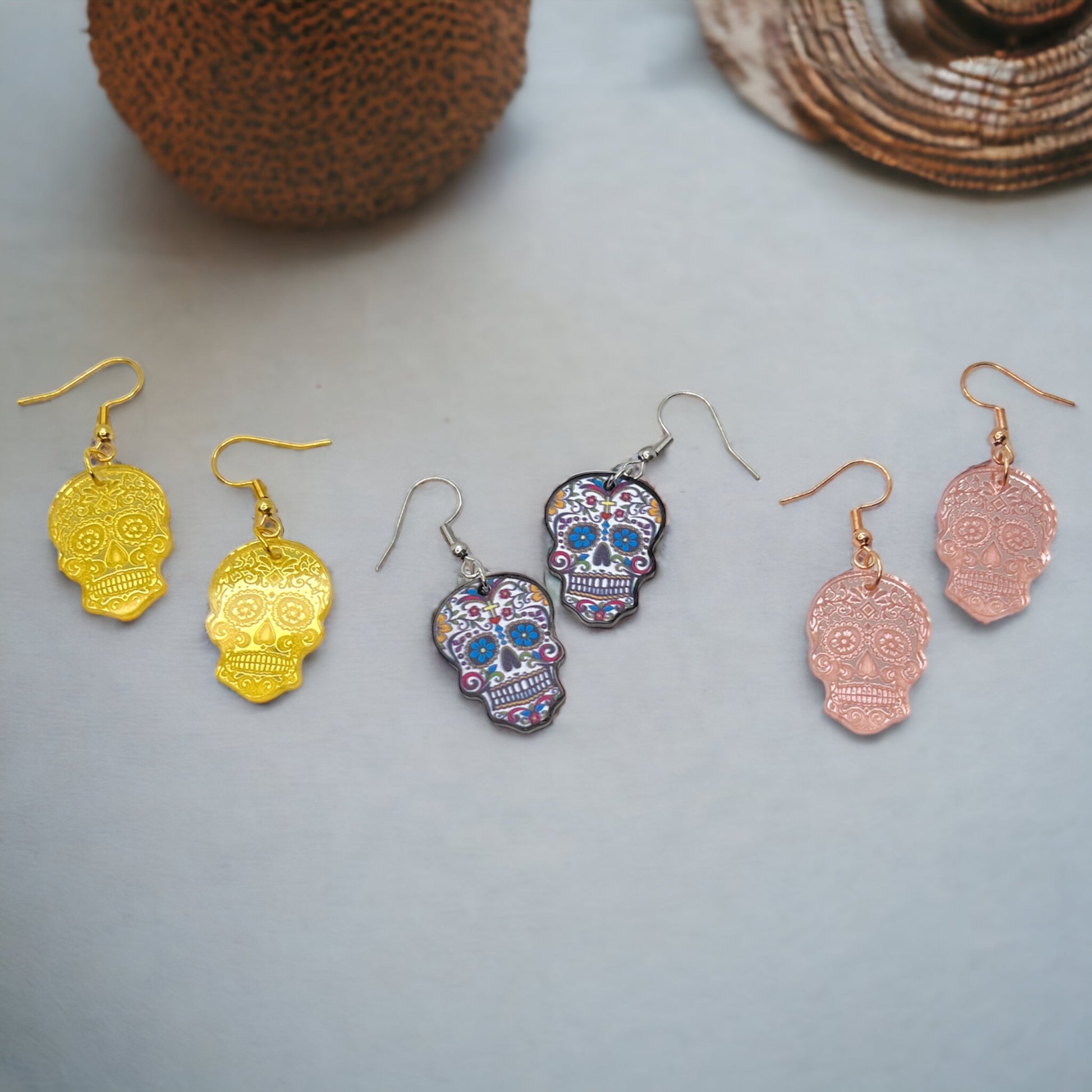 Metallic Skull Earrings - Halloween Earrings, Skeleton Earrings, Halloween Skull, Halloween Earrings, Sugar Skull, Trick or Treat - Rhythms of Grace Creative