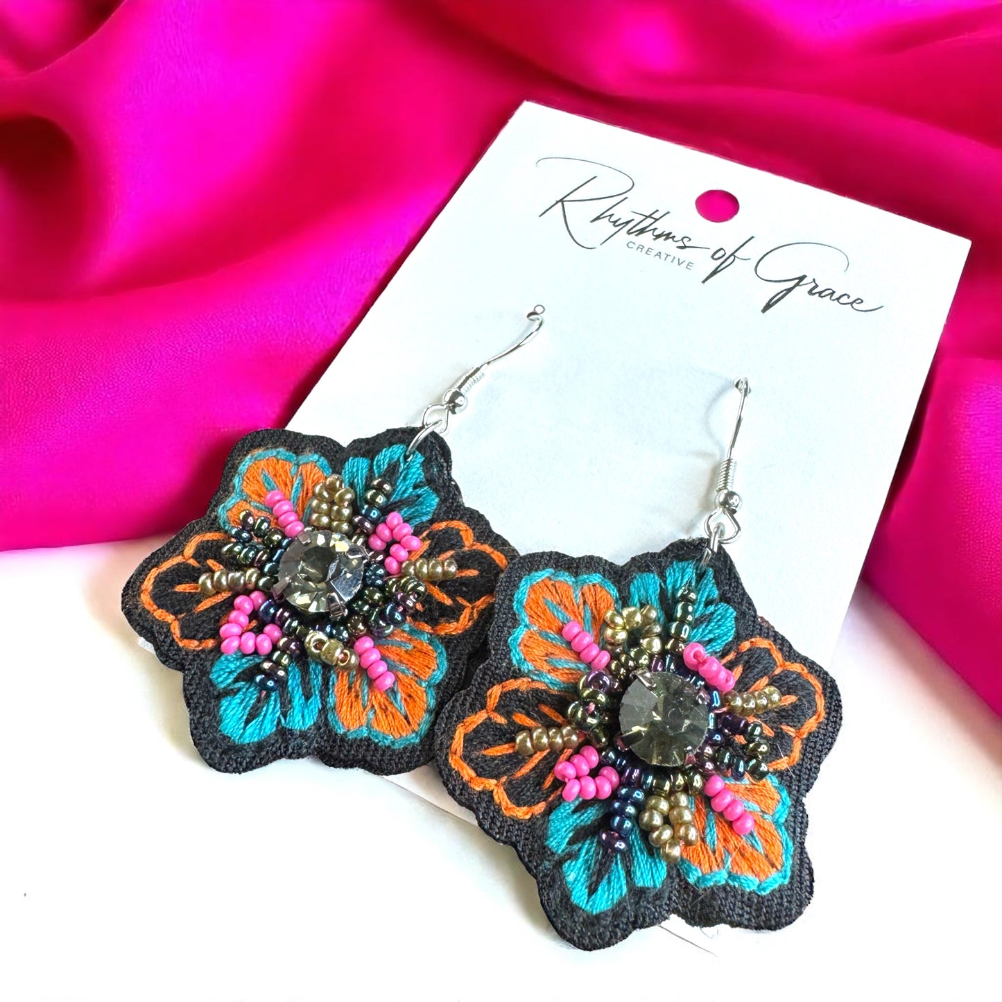 Boho Chic Embroidered Dangle Earrings – Add a Pop of Color!