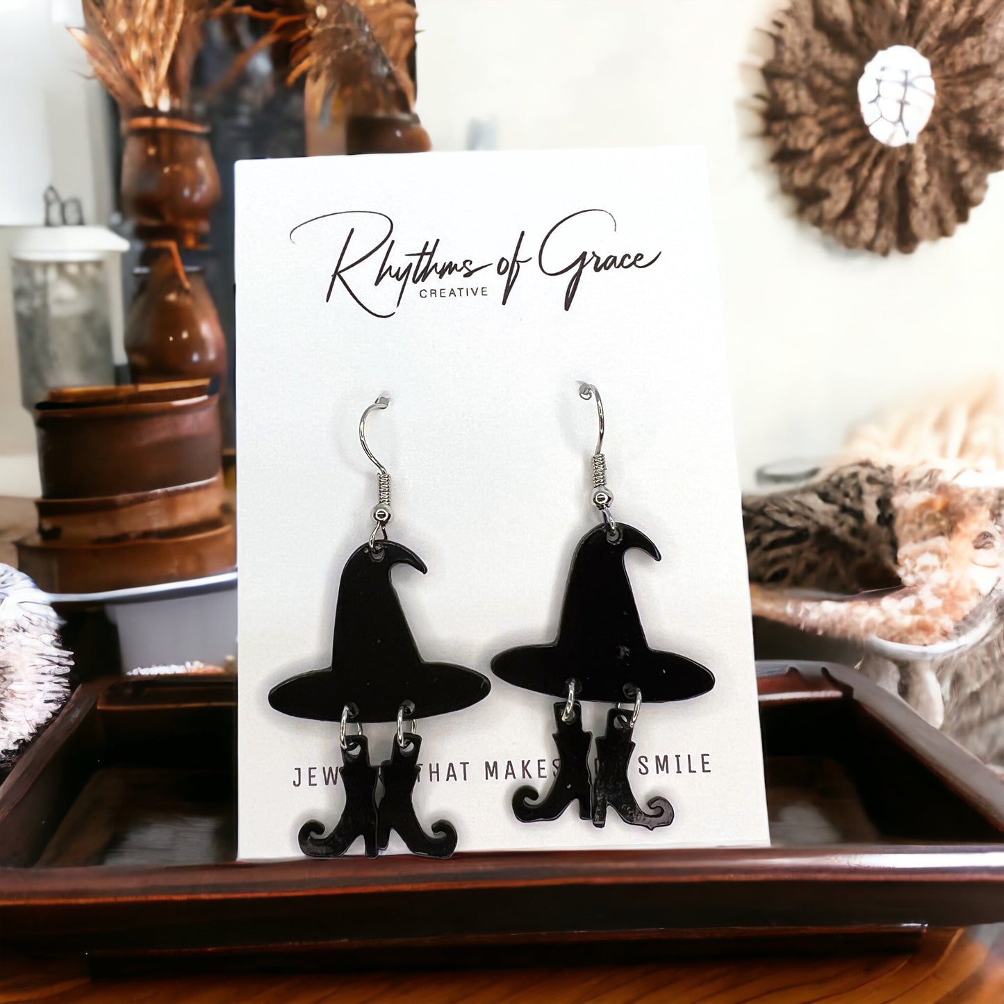 Witch Earrings - Halloween Earrings, Witch Hat, Witch Costume, Trick or Treat, Black Boots - Rhythms of Grace Creative