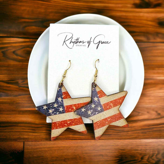 Patriotic Star Dangle Earrings – American Flag Design, Stainless Steel & Wood